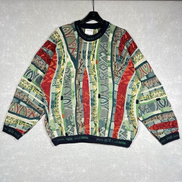 Vintage COOGI Striped Abstract 3D Knit Sweater Hip Hop Biggie Cosby Men's XL - Picture 1 of 9